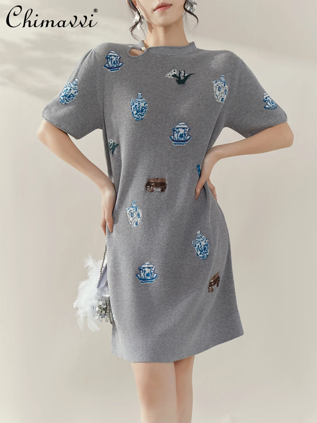 

French Elegant Fashion Casual Embroidered Jacquard Round Neck Puff Sleeve High Waist Slim Knitted Short Dress for Women Summer