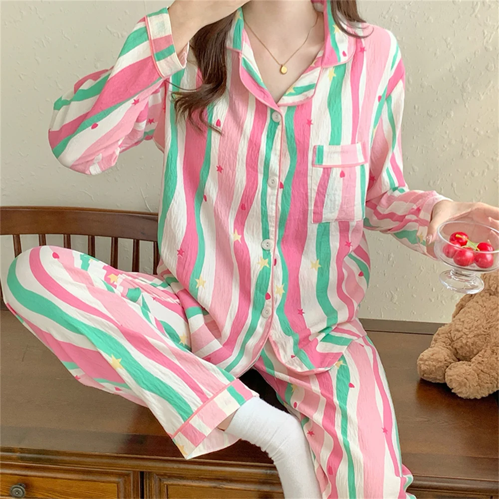 Bunt gestreifte Damen pyjamas Set V-Ausschnitt Nachtwäsche Pyjama Herbst Langarm Home Wear Studenten Lounge wear Nachtwäsche