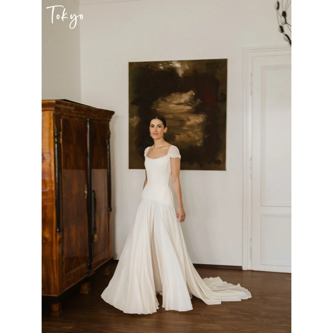 Tokyo Customized Square Collar Waist Cinching Wedding Dress Draped vestidos de noche Court Train Short Sleeve Evening Dresses