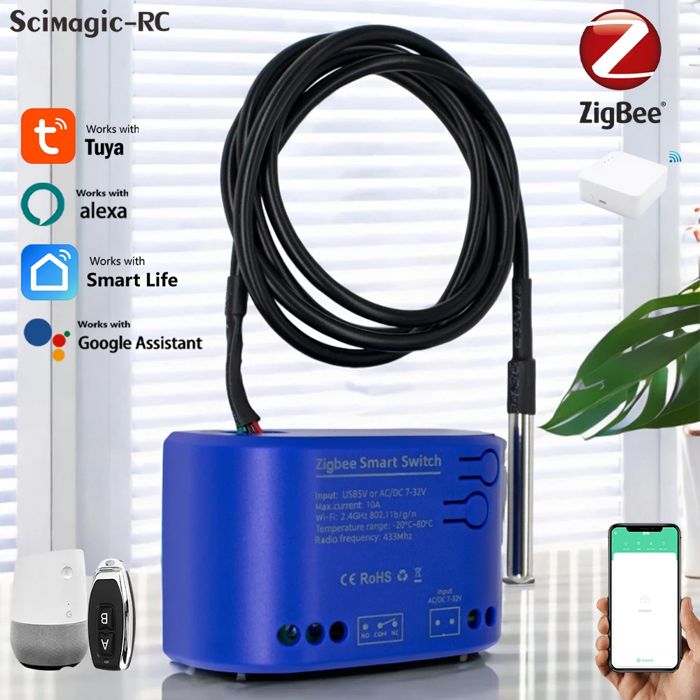 Умный переключатель Zigbee Tuya с сухим контактом и модулем датчика температуры, термостат, мониторинг данных RF433 работает с Alexa Need Hub