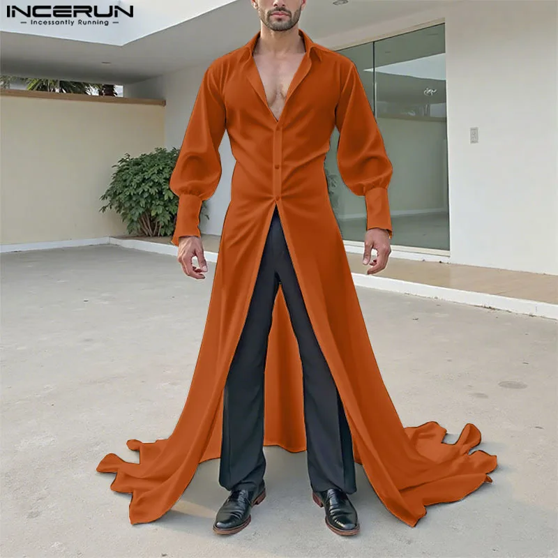

INCERUN Men Long Style Shirt Cardigan Solid Color Lapel Long Sleeve Loose Dress Male Shirts Streetwear 2025 Fashion Men Clothing