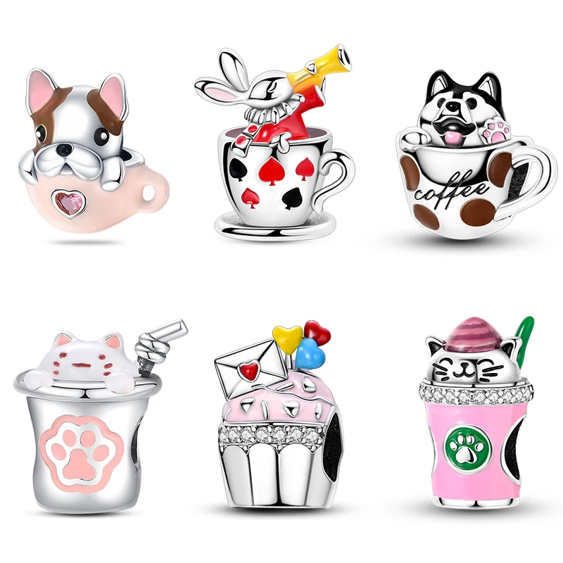 925 Sterling Silver Charms Beads Poker Teacup Rabbit Dog and Coffee Cup Pendants Beads Fit Original Bracelets Fine DIY Jewelry