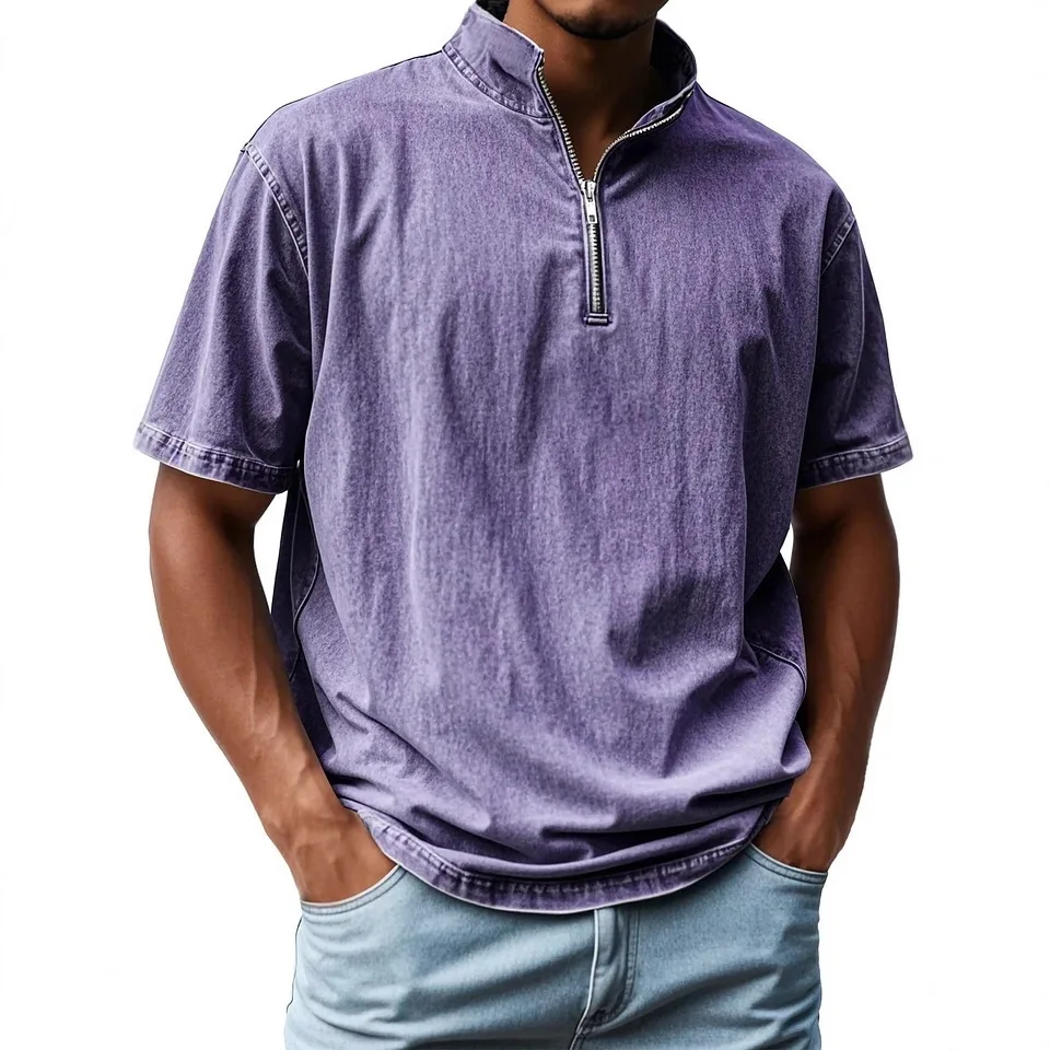 

2026 European And American Cross-Border Men's Clothing Imitation Denim Fabric Stand Collar Zipper T-Shirt Retro Trendy Slim Fit