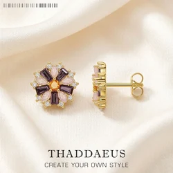 Stud Earrings Flower Colourful Stones Golden Bohemia Jewerly For Women,2022 Lucky Charms Floral Gift In 925 Sterling Silver