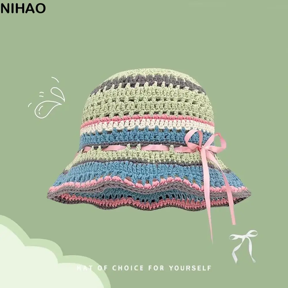 

Ins Handmade Knitted Bucket Hats Bow Ribbon Spring Summer Hollow Basin Cap Sweet Y2k Weave Hats Girls