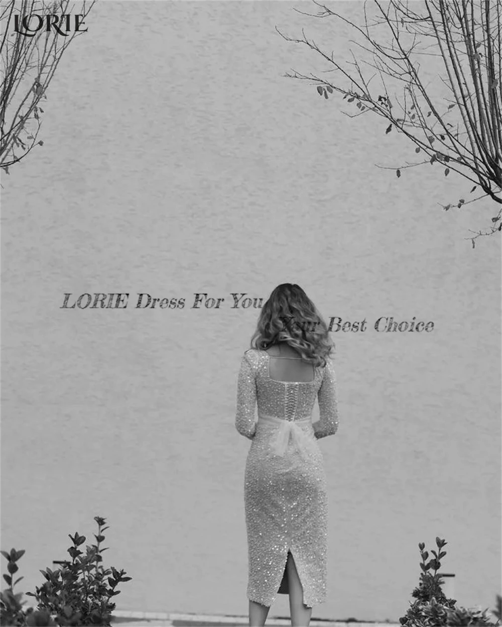 LORIE Elegant Glitter Mermaid Evening Dresses Sparkly Square Collar Long Sleeves Celebrity Dress Belt Bow Tea Length Party Gowns