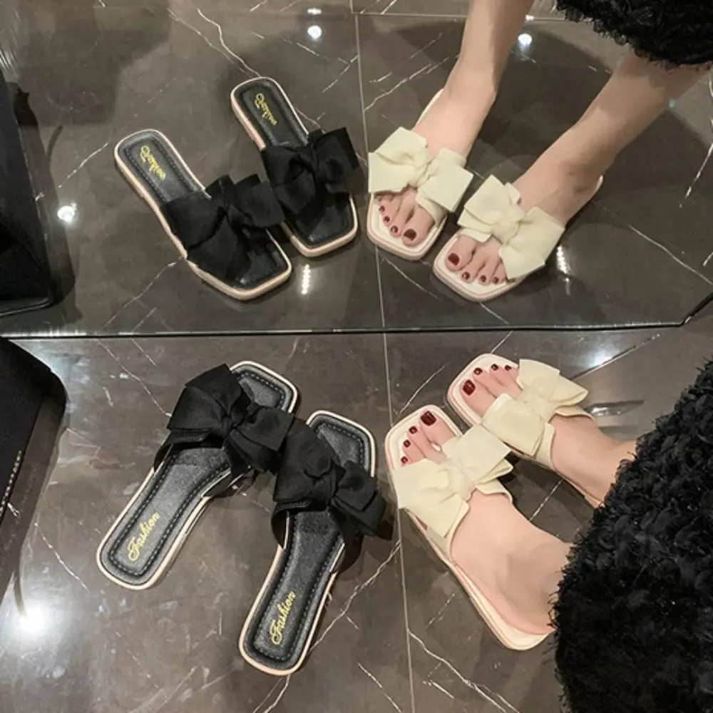 

Elegant Soft Sole Bowknot Slippers PVC Sweet Flat Slides Sandals Anti Slip Beachwear Slippers Women Ladies
