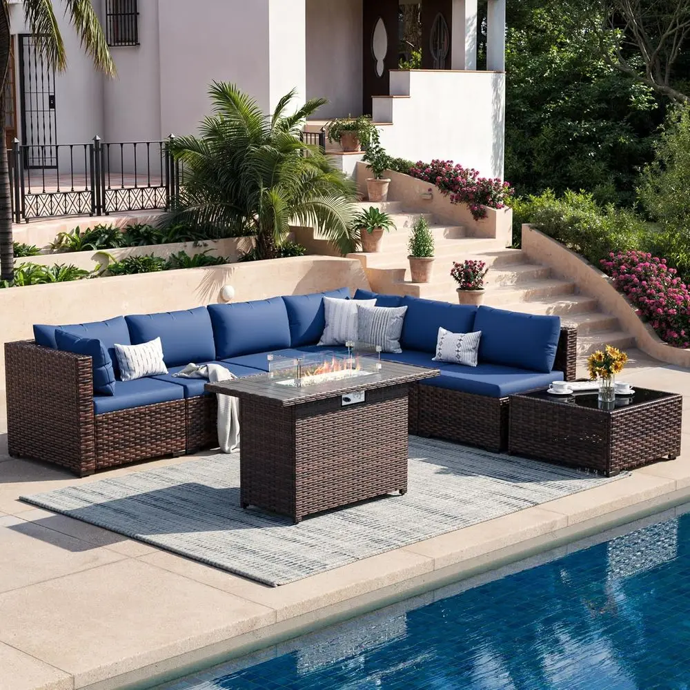 

8 Piece Patio urniture Set with 44" ire Pit Table, Outdoor Sectional Wicker Rattan Soa Set with Coee Table (Navy Blue/Brown)