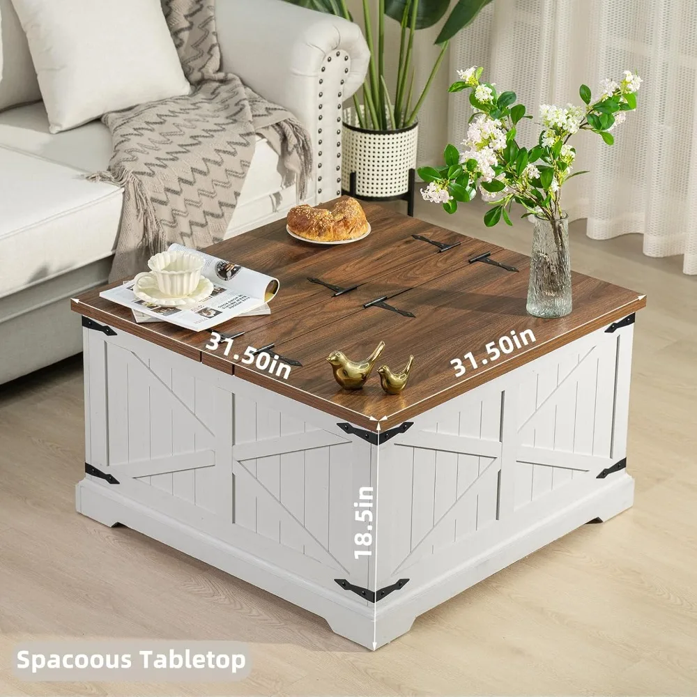 Farmhouse Coffee Table with Hidden Storage, Antique White Square Center Table, Rustic Wood Lift Top
