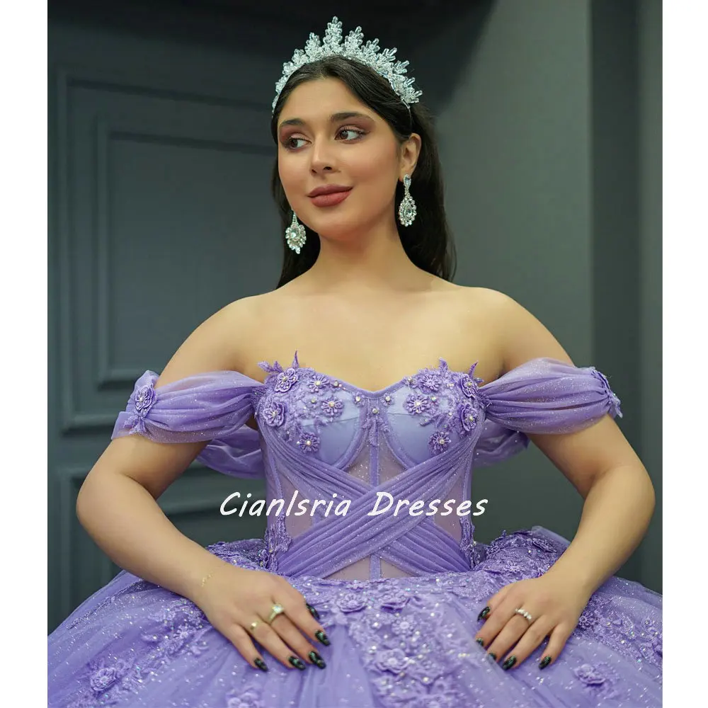 Vestido De quinceañera lila con flores en 3D, vestido De fiesta De cristal, hombros descubiertos, apliques De cuentas, corsé De ilusión, 15 Años