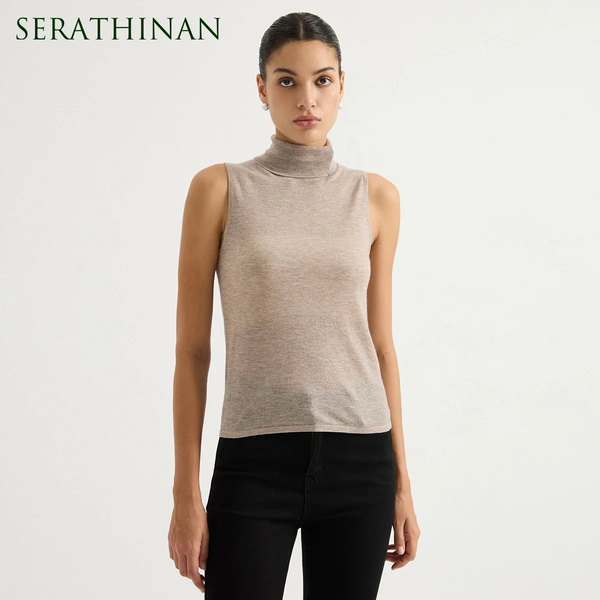 BD3621703 Women's High Neck Sleeveless Knit Vest Fine Wool Blend Metallic Chain Trim Quiet Luxury Layering Early Autumn Fall