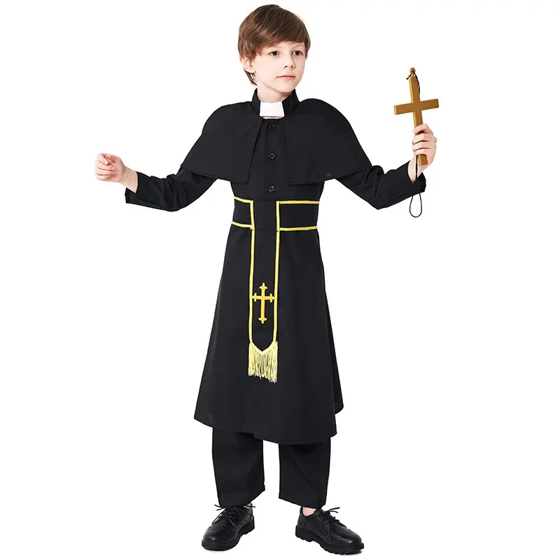 Halloween Costumes for Boys Kids Child Priest Costume Pastor Clergyman Robe Cosplay Clothing Cloak Belt Cross