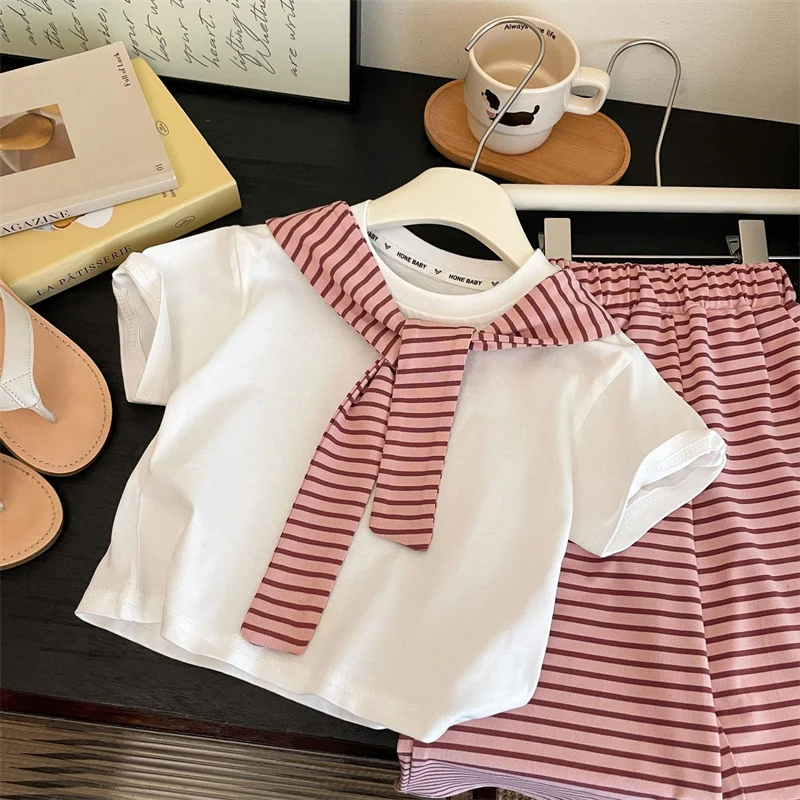 Girls' Summer Fashion Set: Striped Shawl T-Shirt & Pants 4