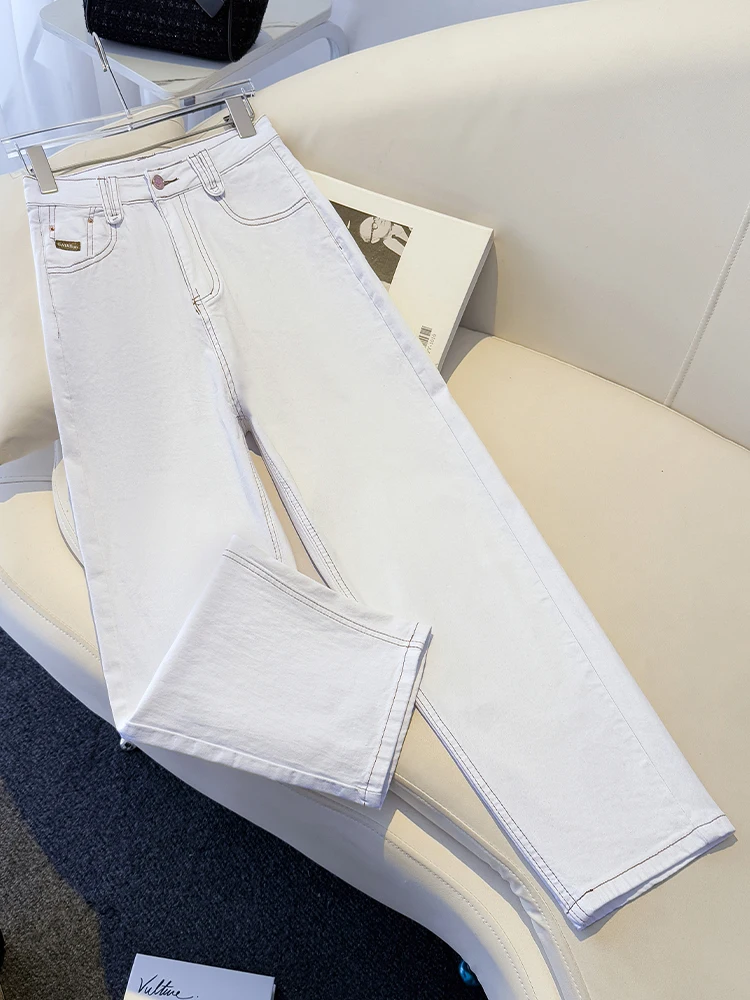 

High Waist Thin Denim Jeans Women Summer Casual Straight Leg Nine Points Pants Slimming Effect Small Size Commute Style