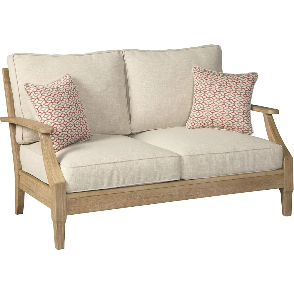 Clare View Coastal Outdoor Patio Eucalyptus Loveseat with Cushions, Beige