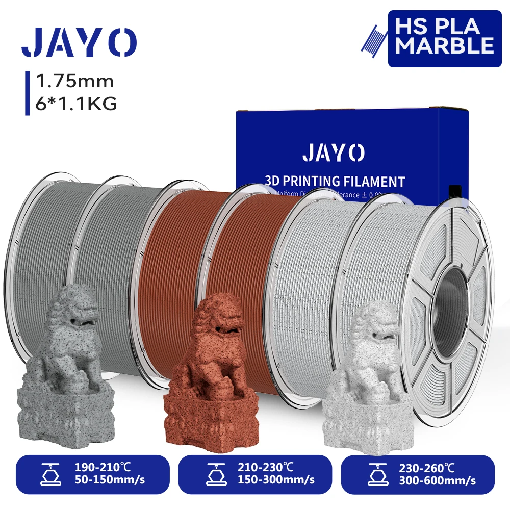 JAYO 6 Rollen Hochgeschwindigkeits-PLA-Marmor-3D-Druckerfilament 1,75 mm für FDM-3D-Drucker, Hochgeschwindigkeits-3D-Druckmaterial mit Marmorstruktur