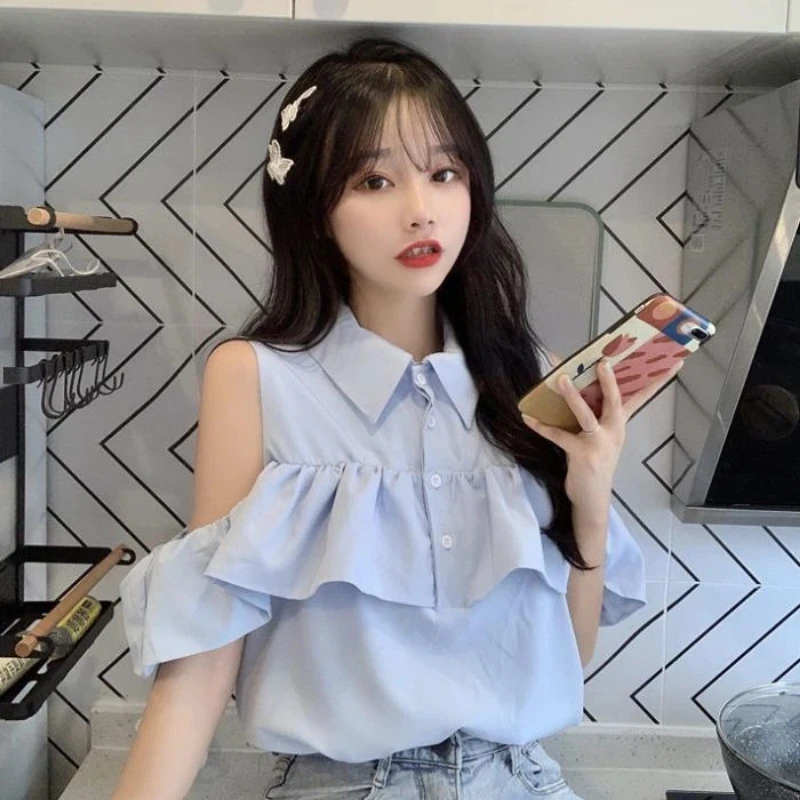 

Women Clothes Off Shoulder Ruffles Patchwork Sweet Shirt Tops Summer Short Sleeve Solid Loose Youth Korean Blouse Fashion Casual