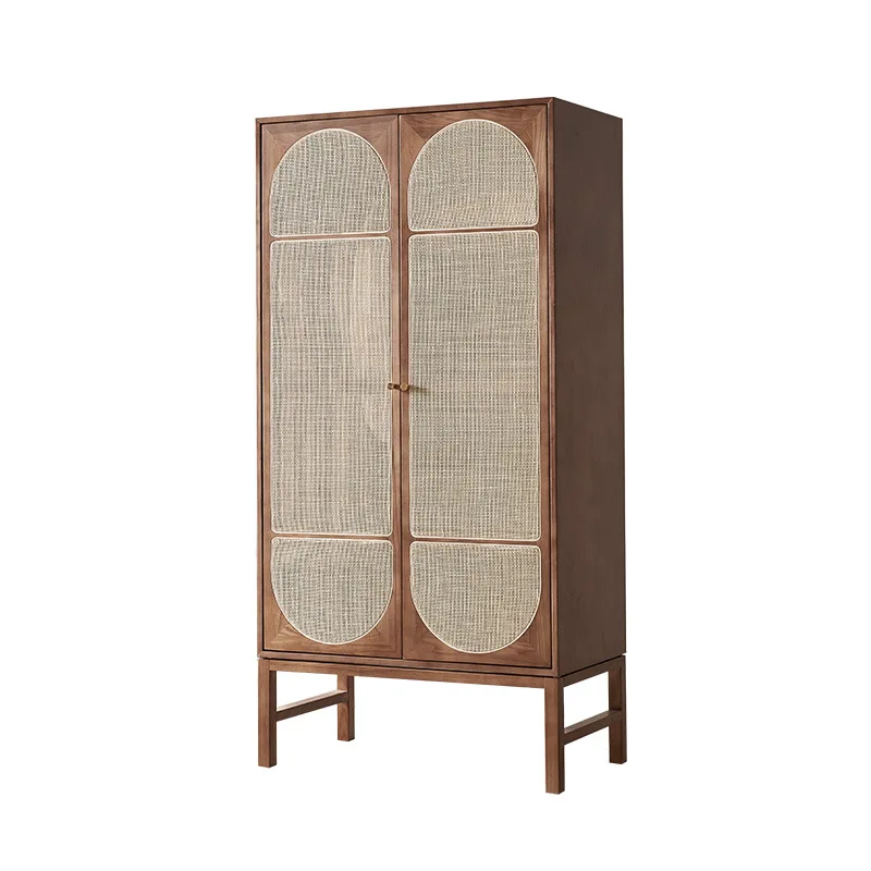 

Nordic solid wood rattan storage locker retro homestay bedroom double door coat cabinet all solid wood