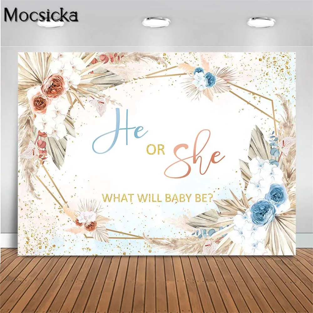 

Mocsicka Blue and Rose Gold Gender Reveal Party Decor Background Pampas Grass Boho Baby Shower Backdrop Customize Newborn Banner