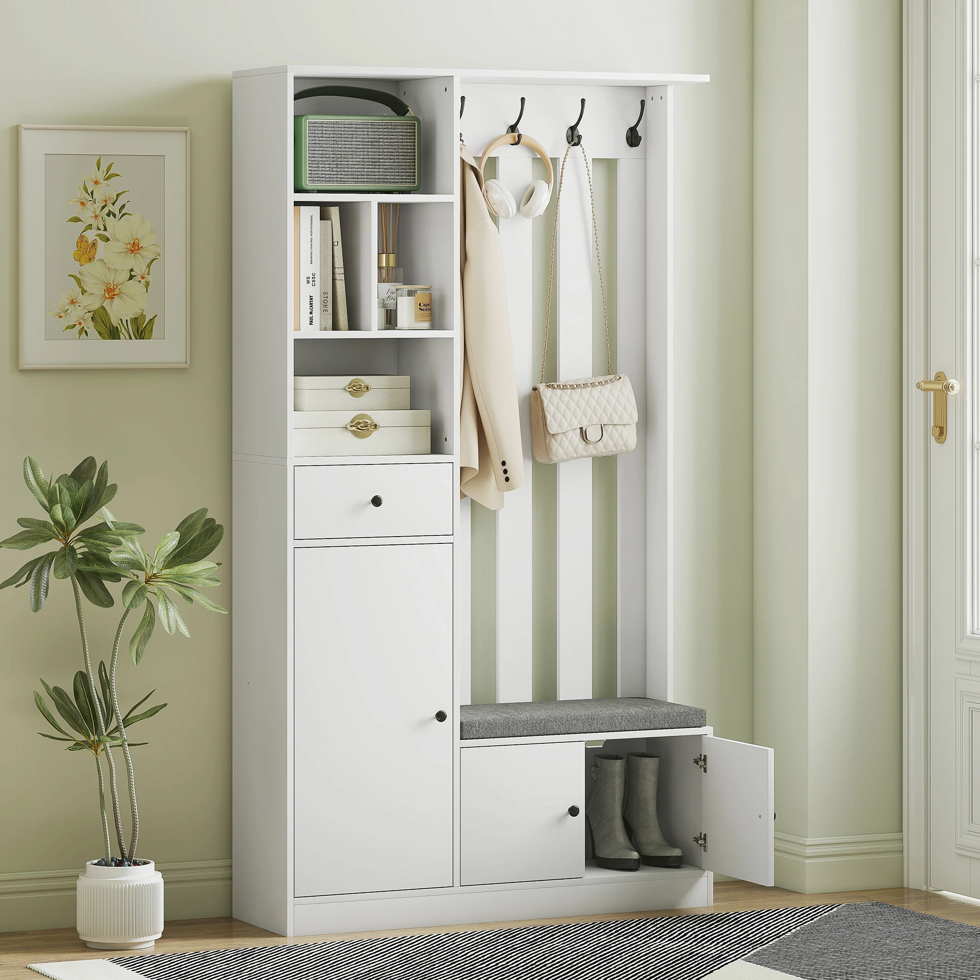 HOMCOM Garderobe Set Flurgarderobe mit Sitzbank, Schuhschrank, Verstellbarem Regal, Schublade, 4 Haken und Offenen Fächern Kompaktgarderobe  für Eingangsbereich 100 x 30 x 180 cm, Weiß