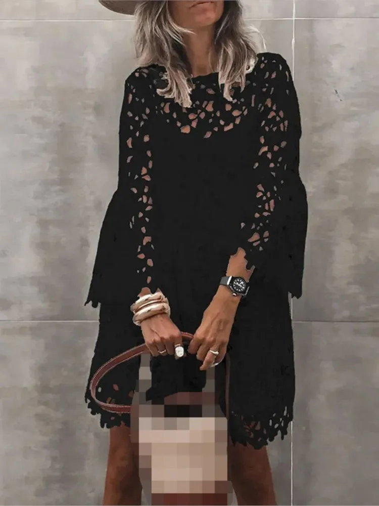 Women\'s Autumn New Solid Color Dress Ethnic Style Sexy Lace Hollow Fashion Printed Casual Long Sleeve Knee Length Dress