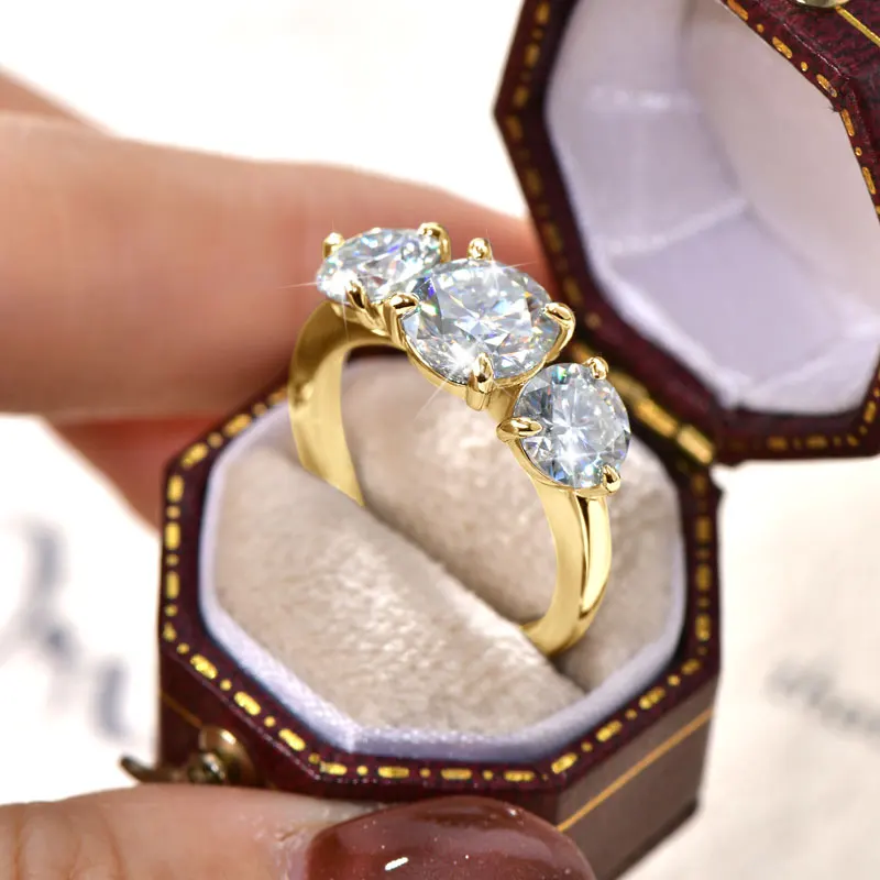 OXTAO 3 Stone Moissanite Engagement Rings for Women 14K Gold Filled 6.5mm VVS1 D Wedding Rings Jewelry Anniversary Gifts