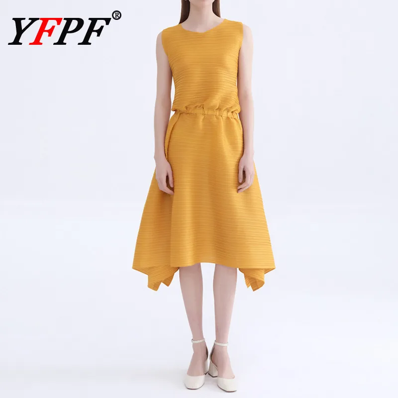 

YFPF Miyake плиссированное платье без рукавов, женское бандажное платье со сборкой на талии, ажурный дизайн, длинные платья трапециевидной формы, новинка 2023 года