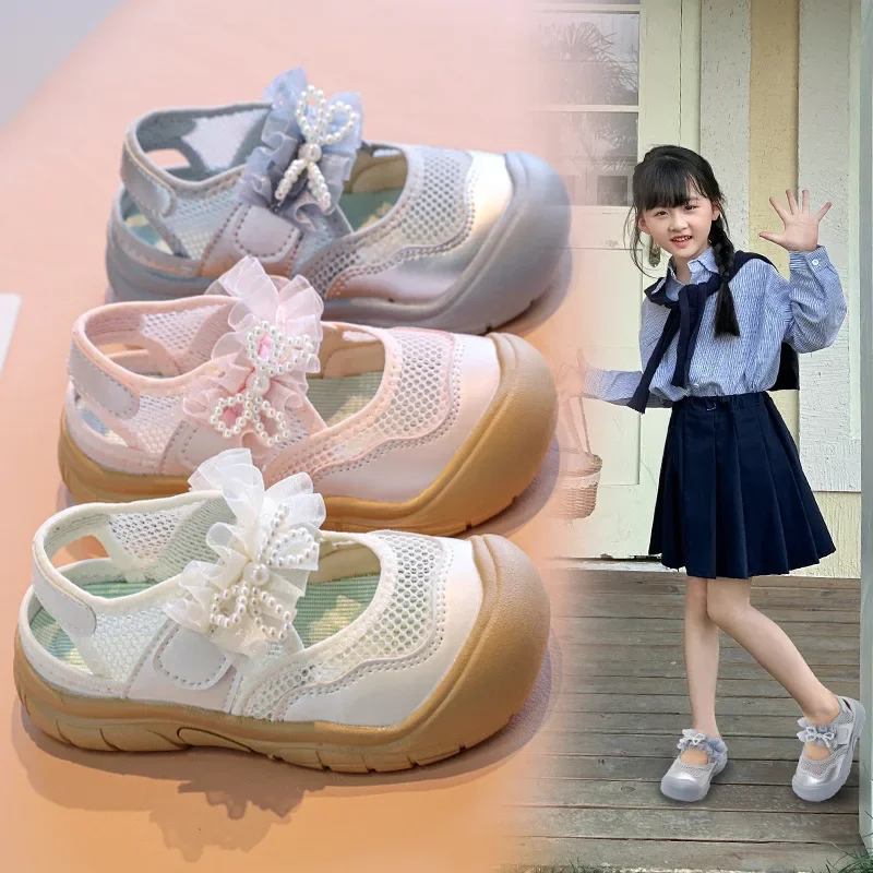 

Детские спортивные сандалии, дышащая сетчатая обувь принцессы для девочек, новинка лета 2021, детские повседневные модные сандалии с жемчужным бантом