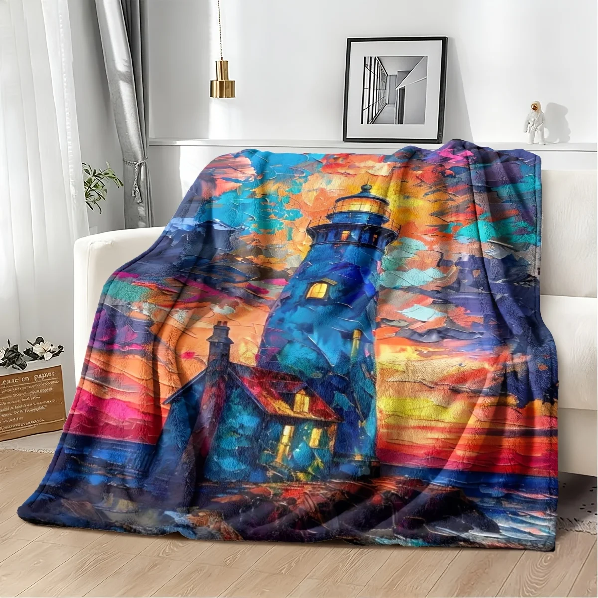 Decorative Lighthouse Sunset Art Throw Blanket for Sofa Bed Decor Large 150x230cm Fleece Throw