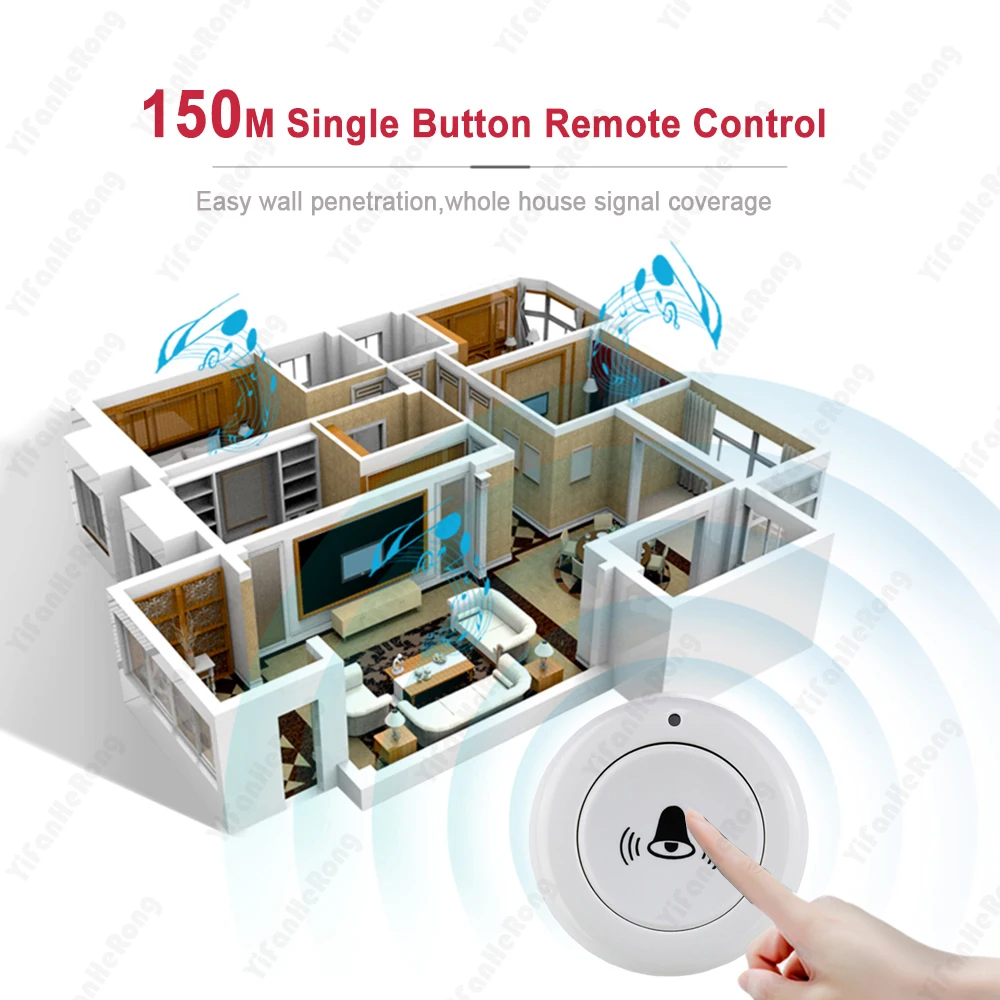 Timbre inalámbrico con Control remoto, timbre de puerta inteligente con un solo botón, 30 piezas, música, impermeable, USB, 150M