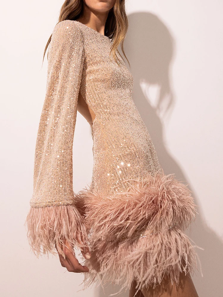 

Модное облегающее коктейльное платье с пайетками, новое весеннее женское платье с длинными рукавами и открытой спиной, повседневное мини-платье с перьями и пэчворком