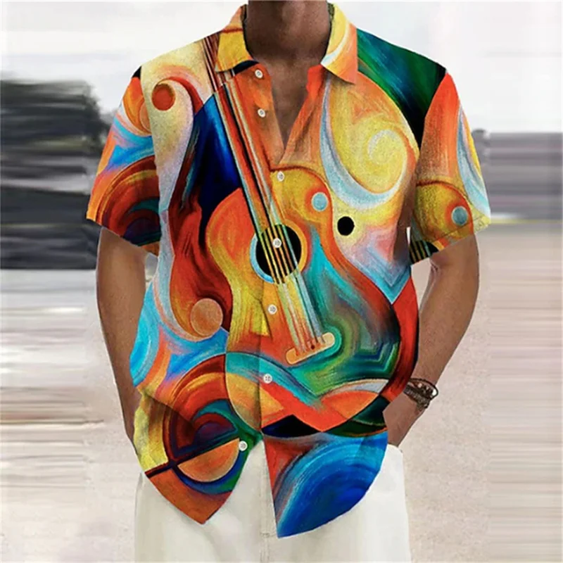 Fashion trend men's shirt violin graphic 3 print lapel shirt purple green outdoor street short sleeve print clothing shirt tops