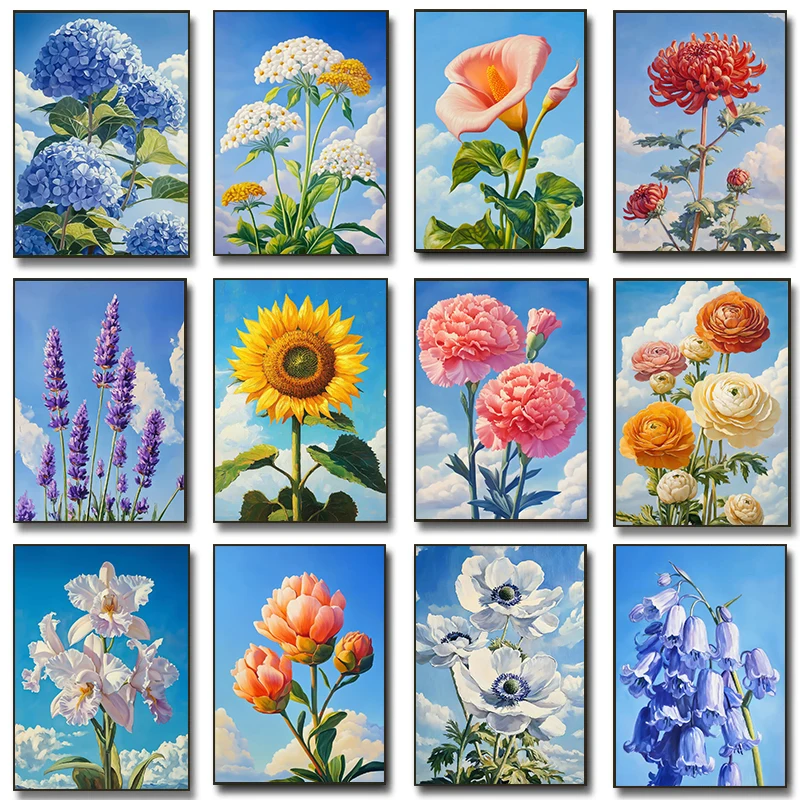 (1PC Unframe)Vintage Classic Flowers Garden Posters Farmhouse Carnation Hydrangea Macrophylla Prints Wall Pictures Canvas Painti