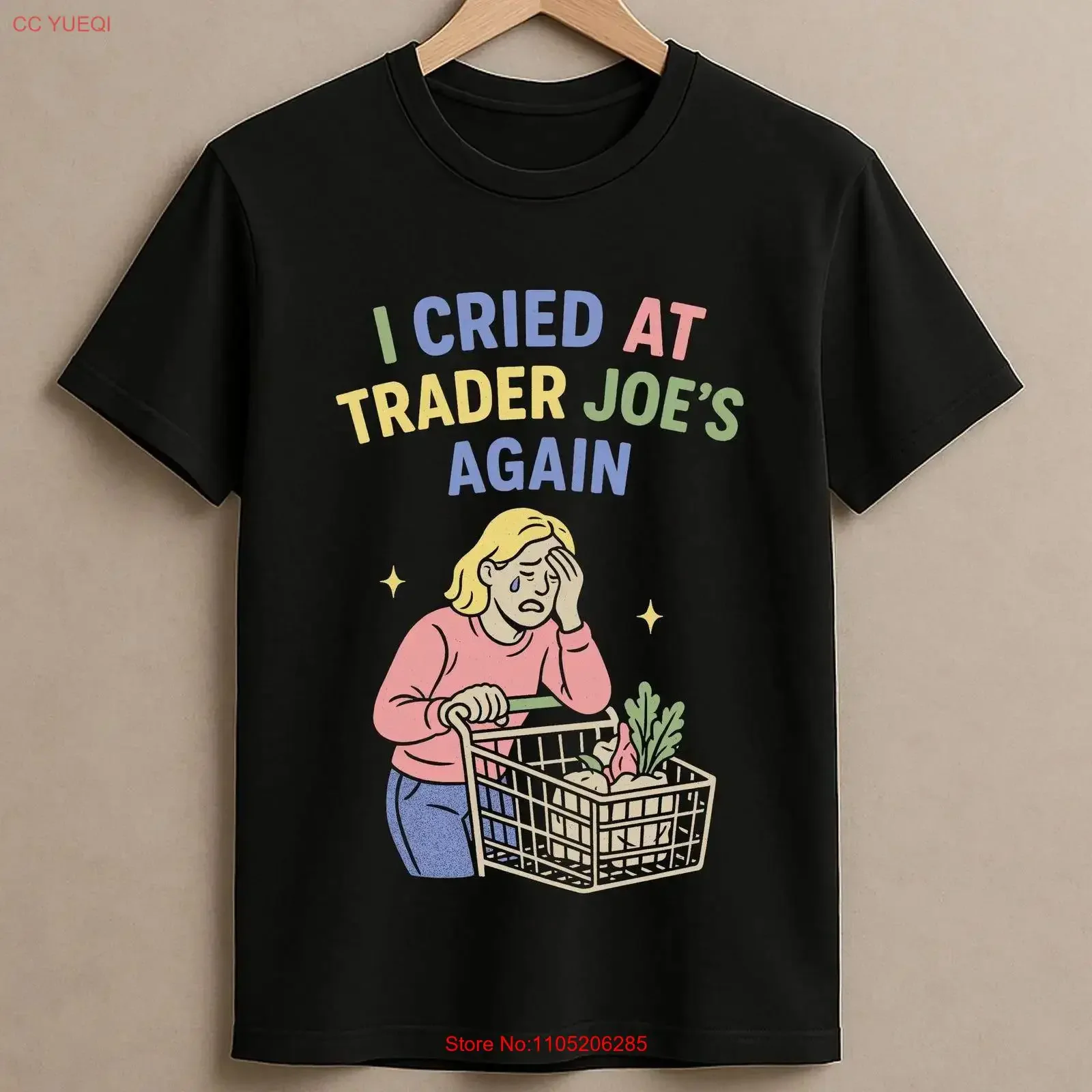 

Футболка I Cried at Trader Joe's Again, грустная девушка, корзина для покупок, мультяшная эмоциональная продуктовая бег, милая забавная винтажная футболка для психического здоровья