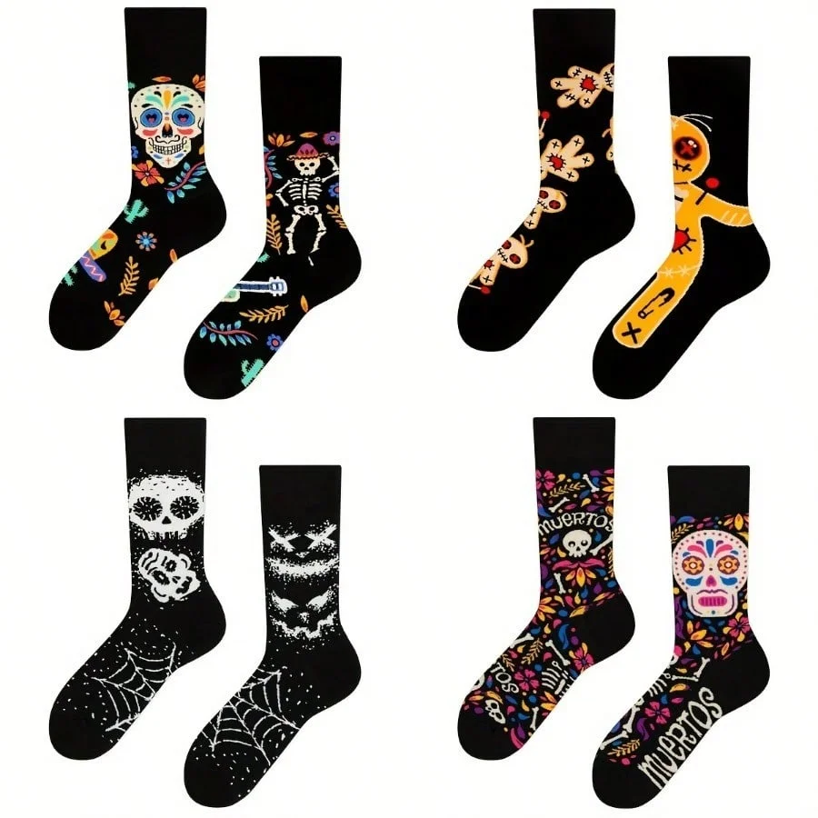 1 pair Unisex Creative Personality Asymmetrical Skull Print Street Style Fashion Socks, Couple Socks, Men\'s Socks