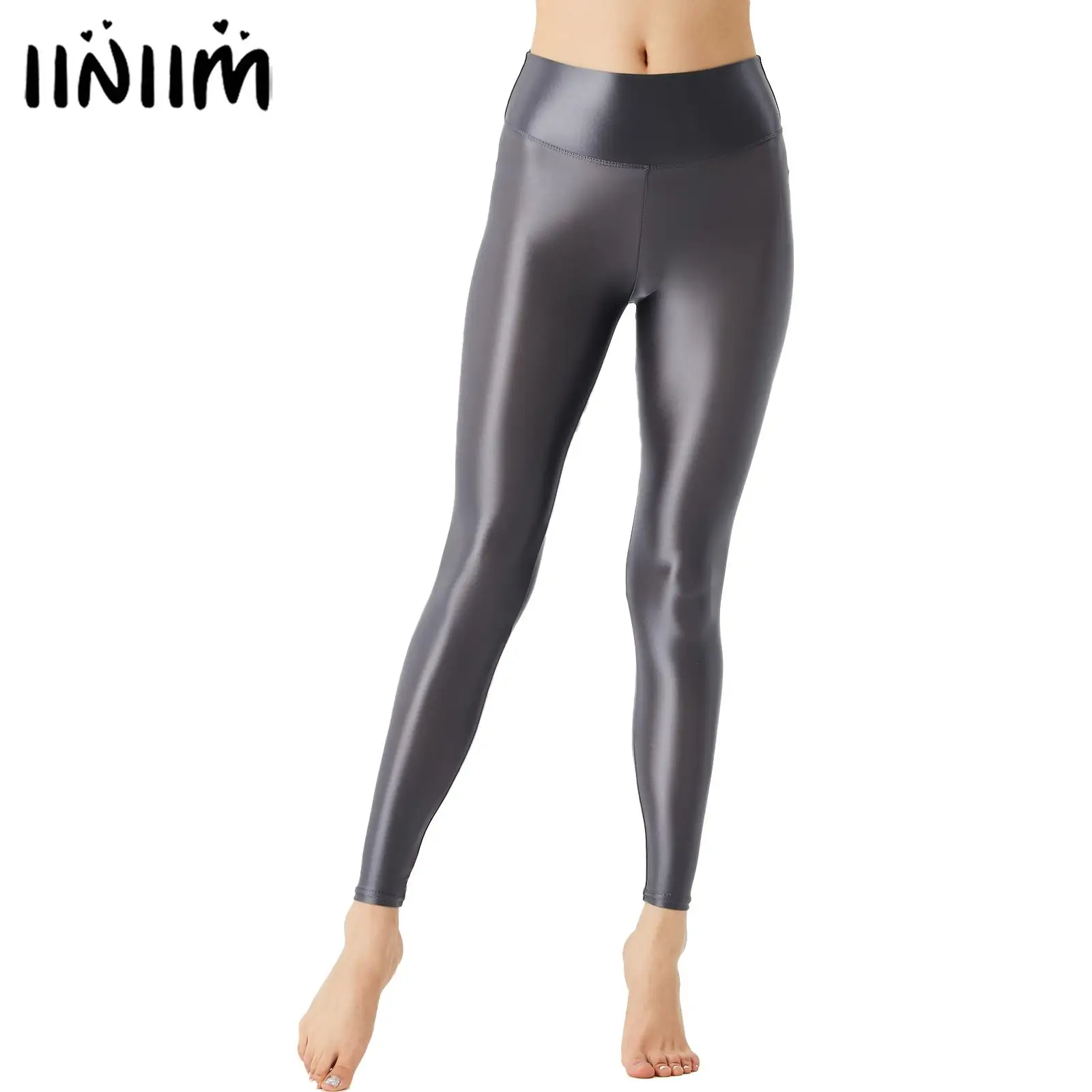 Womens Solid Color Glossy Pilates Pants Body-Building Yoga Fitness Wide Elastic Waistband Leggings Stretchy Athletic Pants