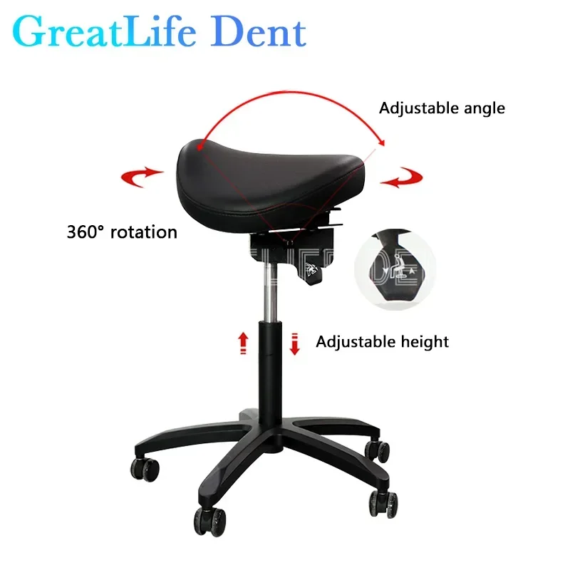 GreatLife Dent Dental Ergonomischer Luxus-Sattel aus Pu-Leder, drehbar, verstellbare Doppelbeinstütze, Stummschaltung mit Radrückenlehne, Klinikstuhl