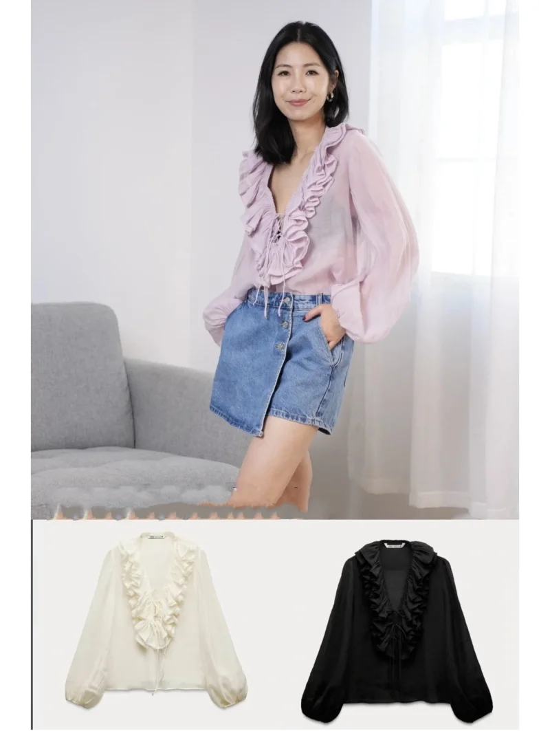 2025년 봄 신상품 ZW 시리즈 라미네이트 셔츠 라이셀 혼방 레이스업 V넥 반투명 긴팔 블라우스 (여성용)