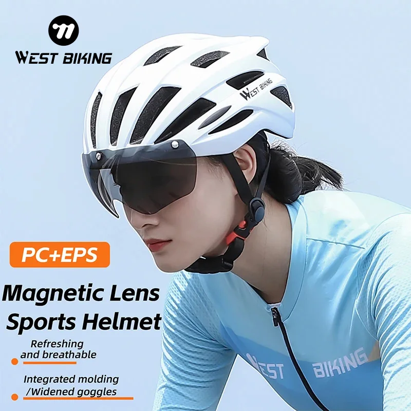 WEST BIKING Magnetic Lens Sports Bicycle Helmet Integrated Molding Goggle Cycling Safe Cap Breathable Ultralight MTB Bike Helmet