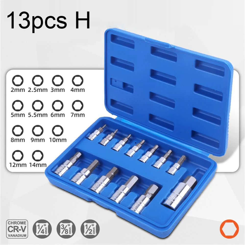 13Pcs Star Torx Hex Bit Socket Set T8-T70 H2-H14,CRV Sockets 1/4inch,3/8inch & 1/2inch Drive For Hand Use Work