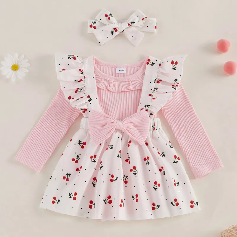 0 to 18 Months Baby Girl Skirts Sets Autumn Clothes Solid Color Ribbed Knit Long Sleeve Bodysuit Cherry Suspender Skirts