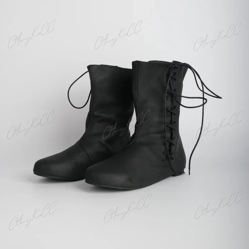 Medieval Carnival Men Cosplay Costumes Knight Hunter Prince Lace Up Viking Pirate Leather Boots Women Stage Props Shoes Retro