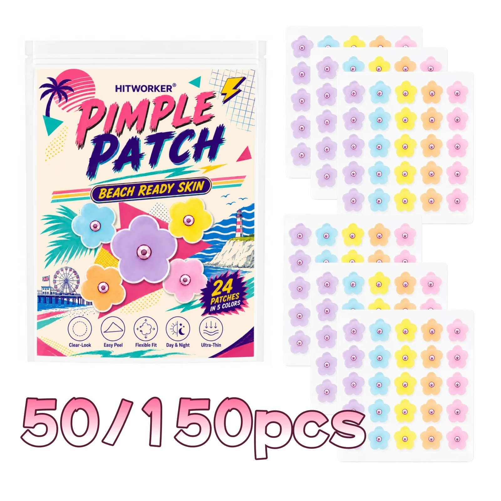 50/150 piezas HITWORKER Parches para espinillas con forma de flor, parches coloridos con forma de flor, 5 colores, pegatinas ultrafinas de aspecto transparente para el cuidado diario