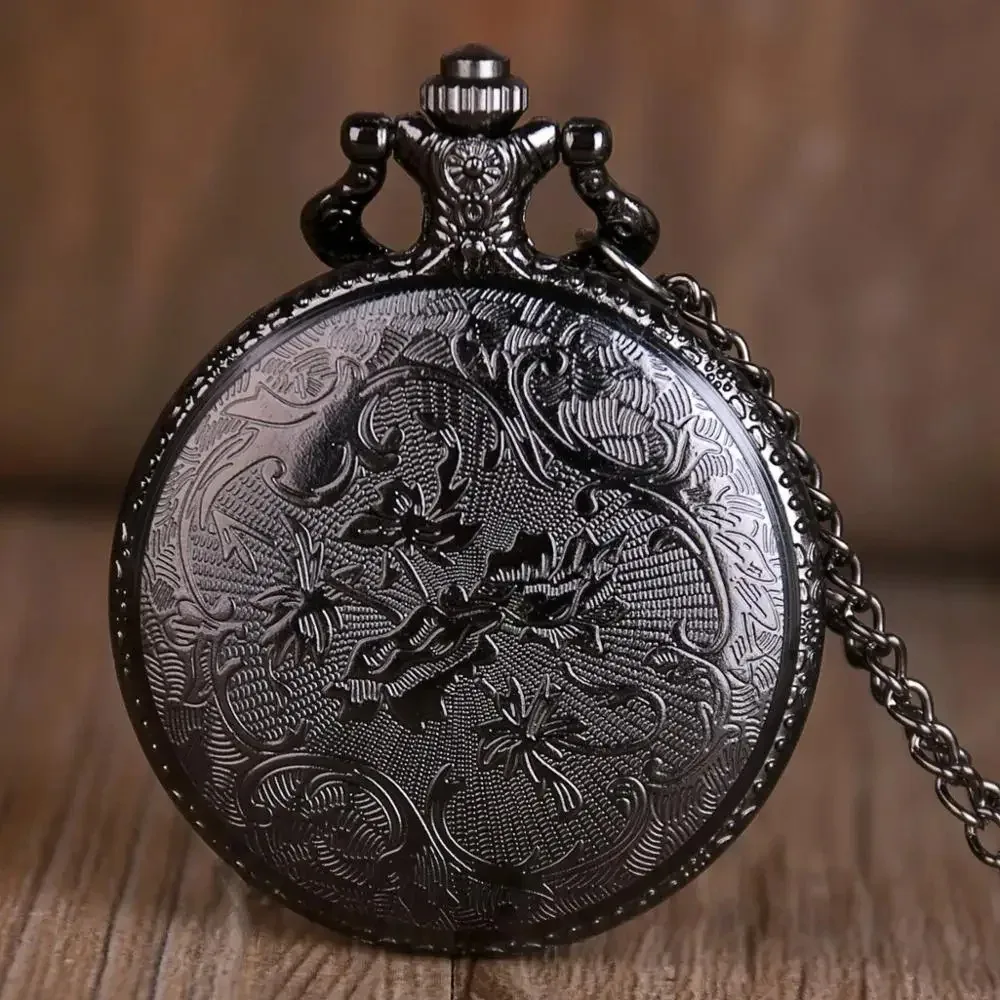 ساعة جيب كوارتز بتصميم رائع باللون الأسود، سلسلة قلادة Steampunk، ساعة فوب مجوهرات للرجال والنساء