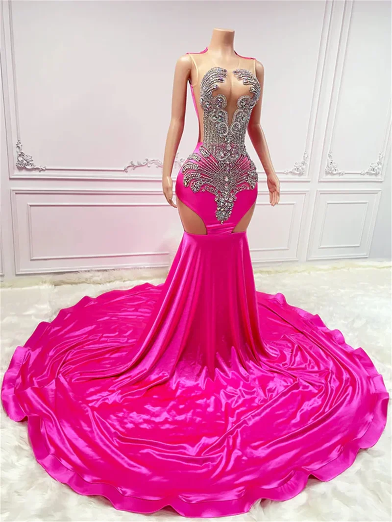 Customize 14 Colors Mermaid Hollow Out Shiny Satin Sexy Evening Crystal Rhinestone Prom Gown Beaded Diamond Prom Party Dress