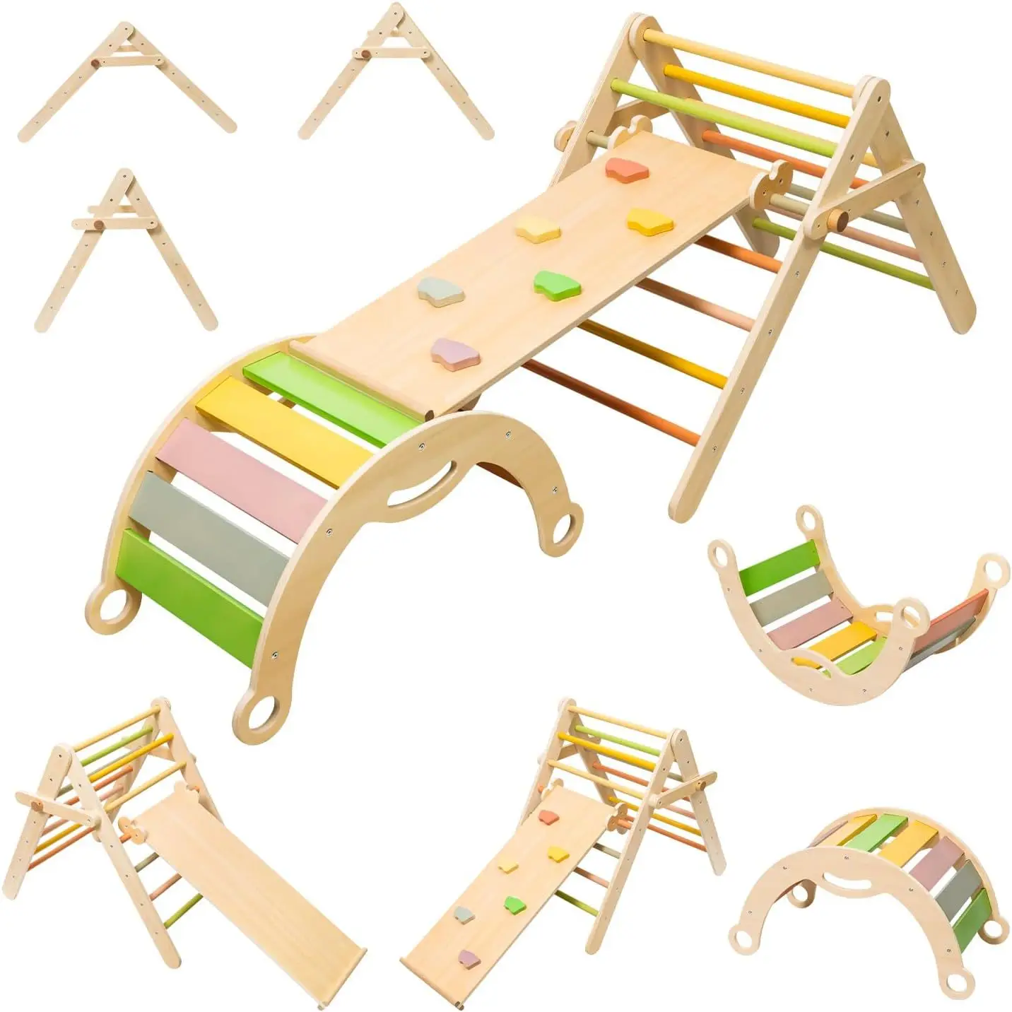 

Manufacturers Wooden 3-in-1 Baby Triangle Jungle Gym Toy Indoor Playground With Arched rainbow Rocking Chair