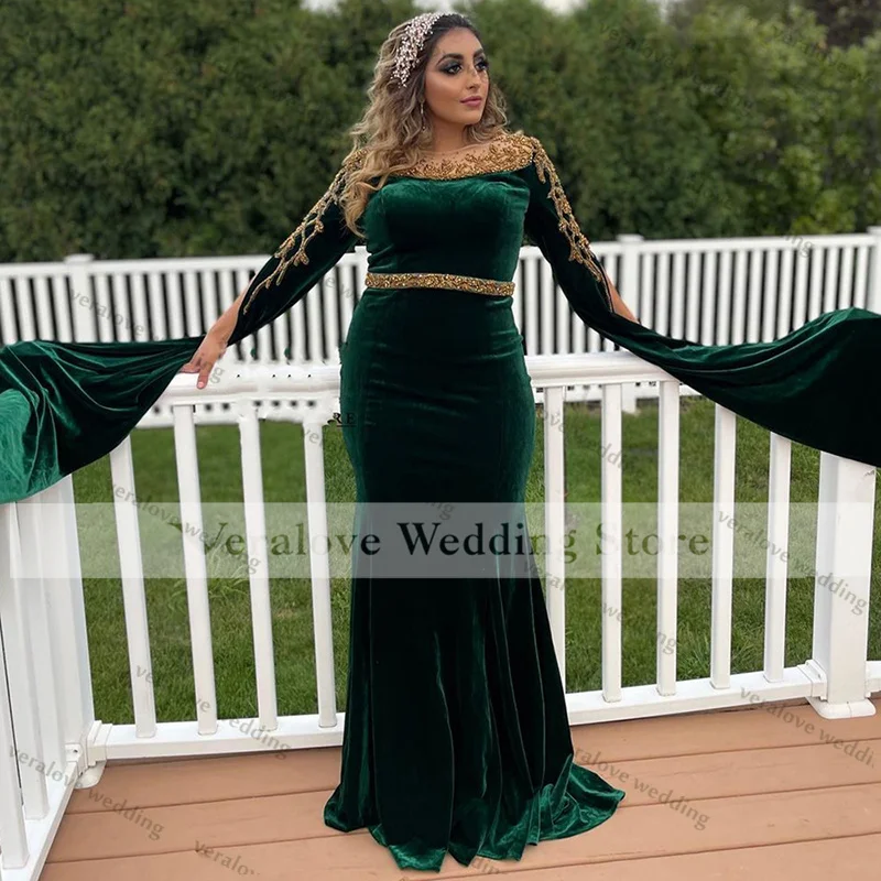 Muçulmano verde vestidos de noite 2021 frisado elegante sereia veludo para árabe saudita feminino festa de formatura vestir vestidos de fiesta