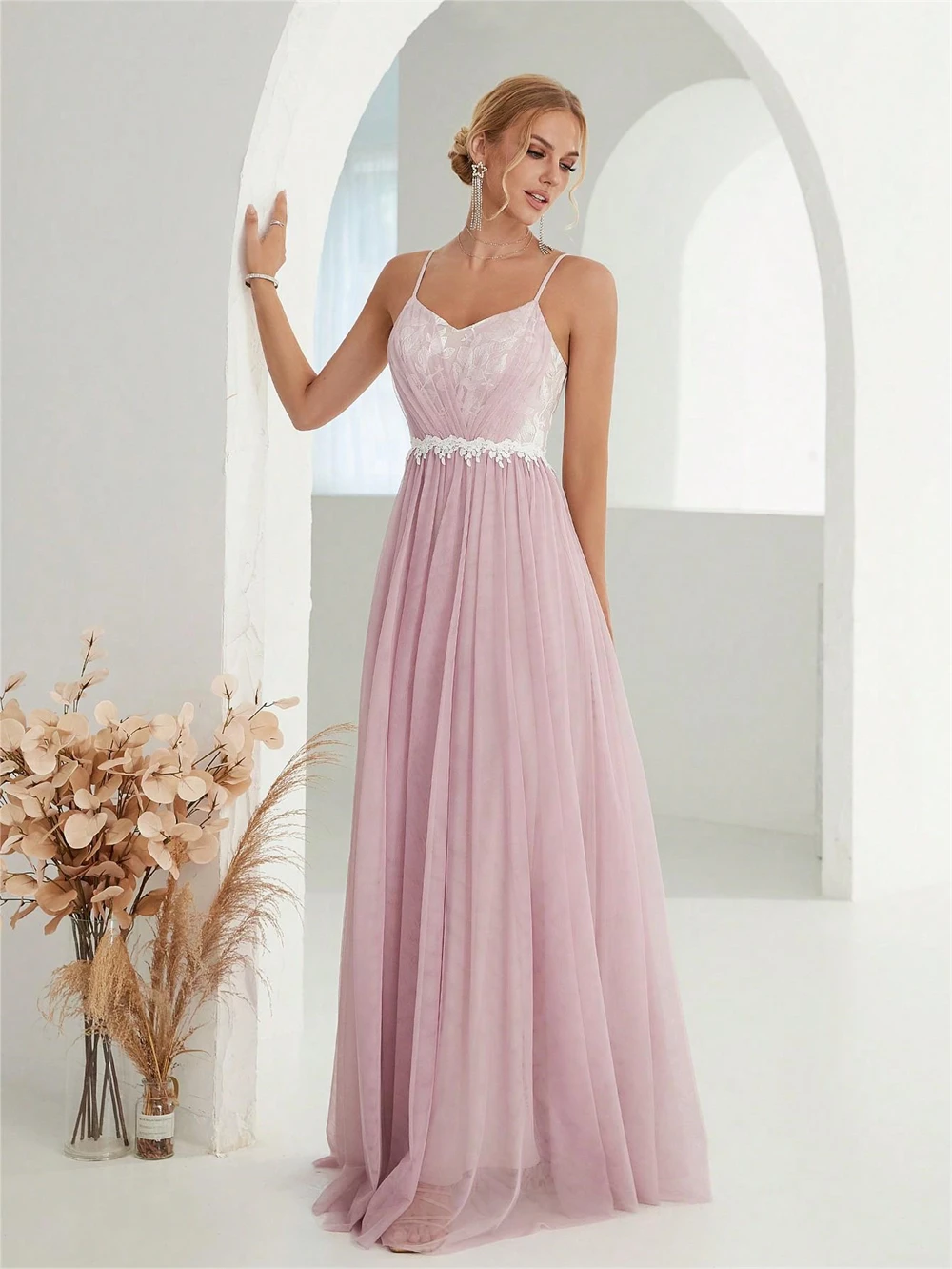 Elegant Dusty Rose A Line Long Dress Evening 2024 Spaghetti Straps Appliques Tulle Women Formal Gowns For Wedding Party