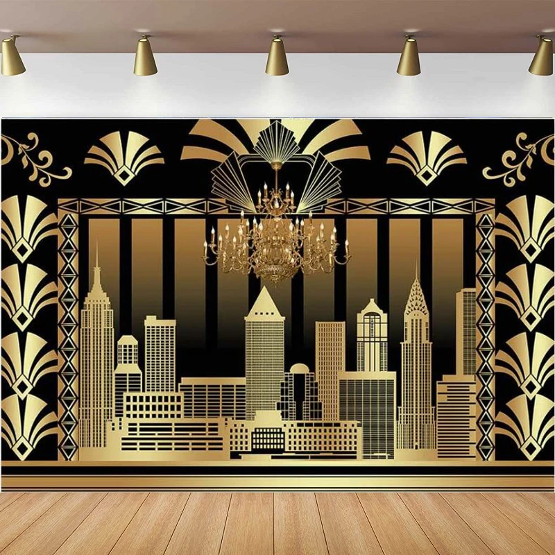 The Great Gatsby Photography Backdrop Roaring 20's Themed Dance Black Gold Art Event Birthday Wedding Party Decor Background