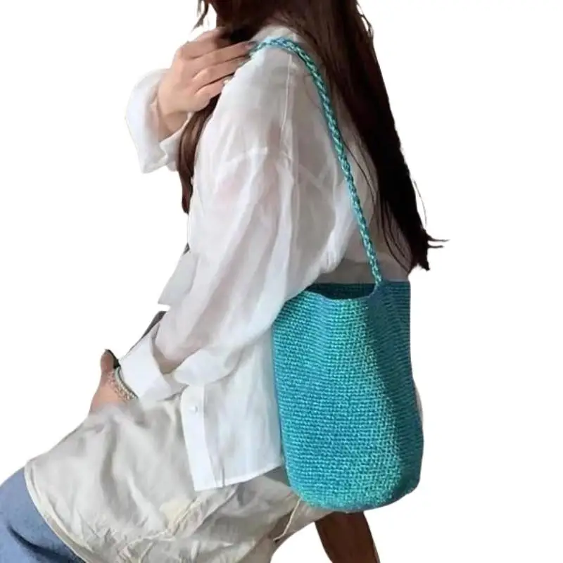 Große Kapazität Handgewebte Bucket Bag Einfarbige Boho Metall-Linien Bucket Bag Handgefertigte Umhängetasche Geschenke – Detail 8
